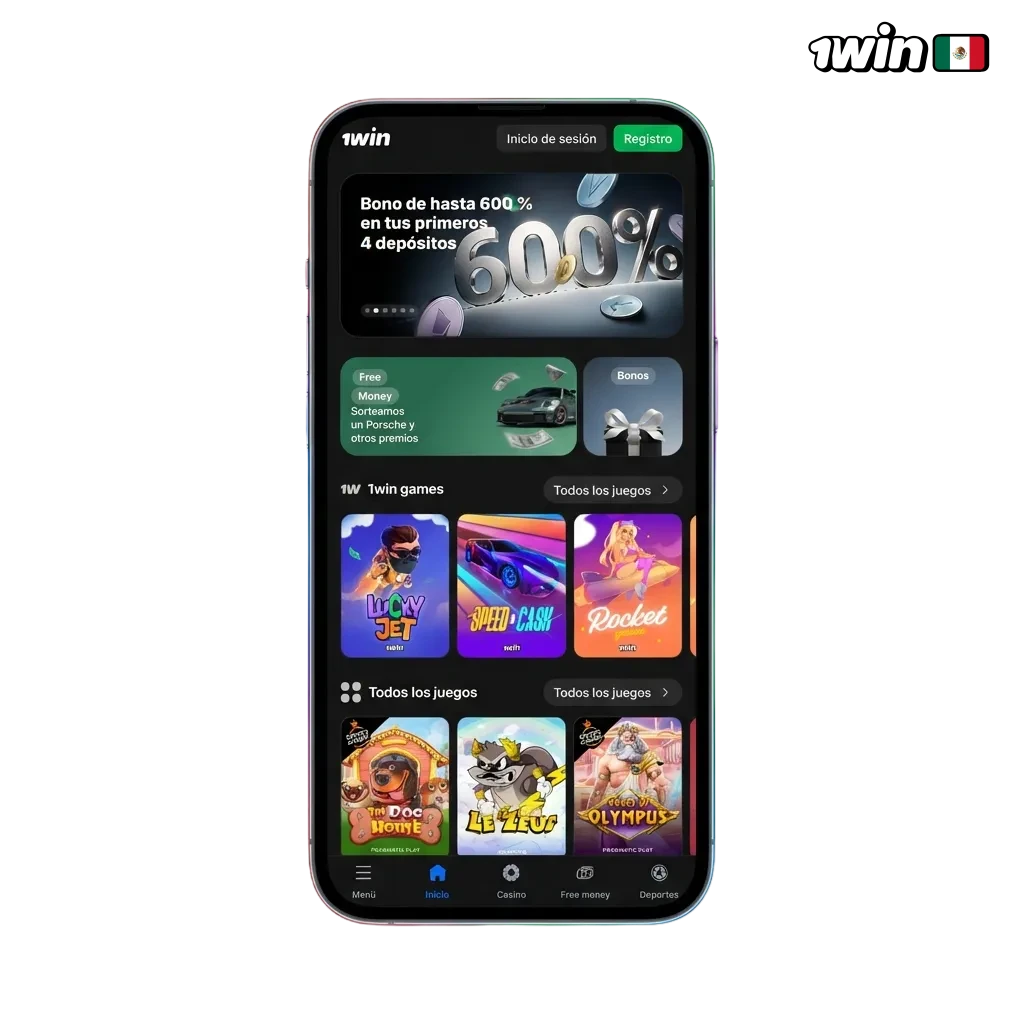 Aplicación 1win para iOS mostrando apuestas deportivas y juegos de casino en dispositivos iPhone y iPad en México