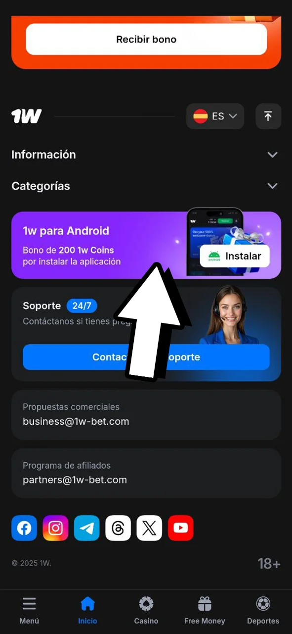 Haz clic en el botón Aplicación para Android y empieza a disfrutar de 1Win.