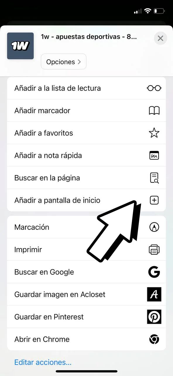 Elige la opción de agregar a pantalla de inicio en la aplicación 1Win para iOS.