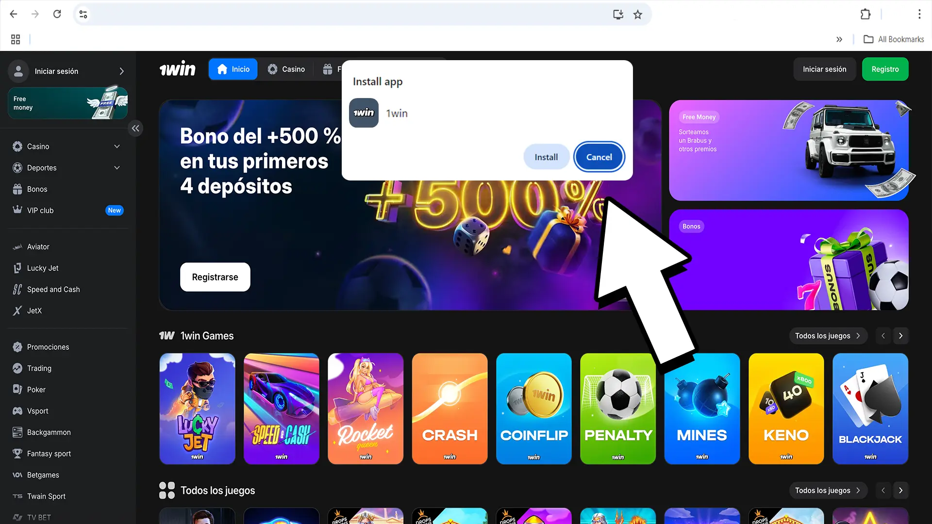 Selecciona instalar esta aplicación de 1Win en tu escritorio.