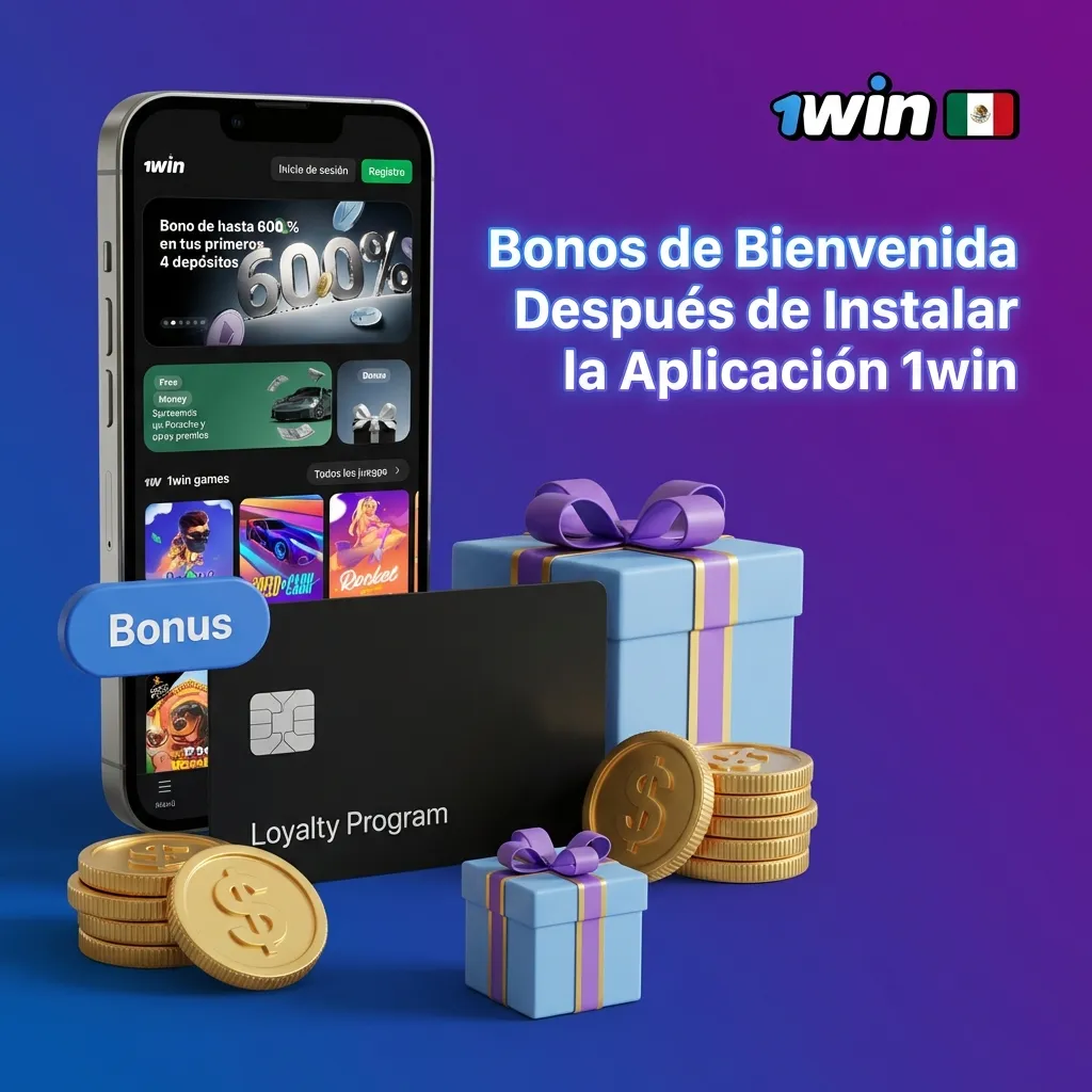 1win México app showing 600% welcome bonus structure across 4 deposits with casino rewards and mobile promotions
