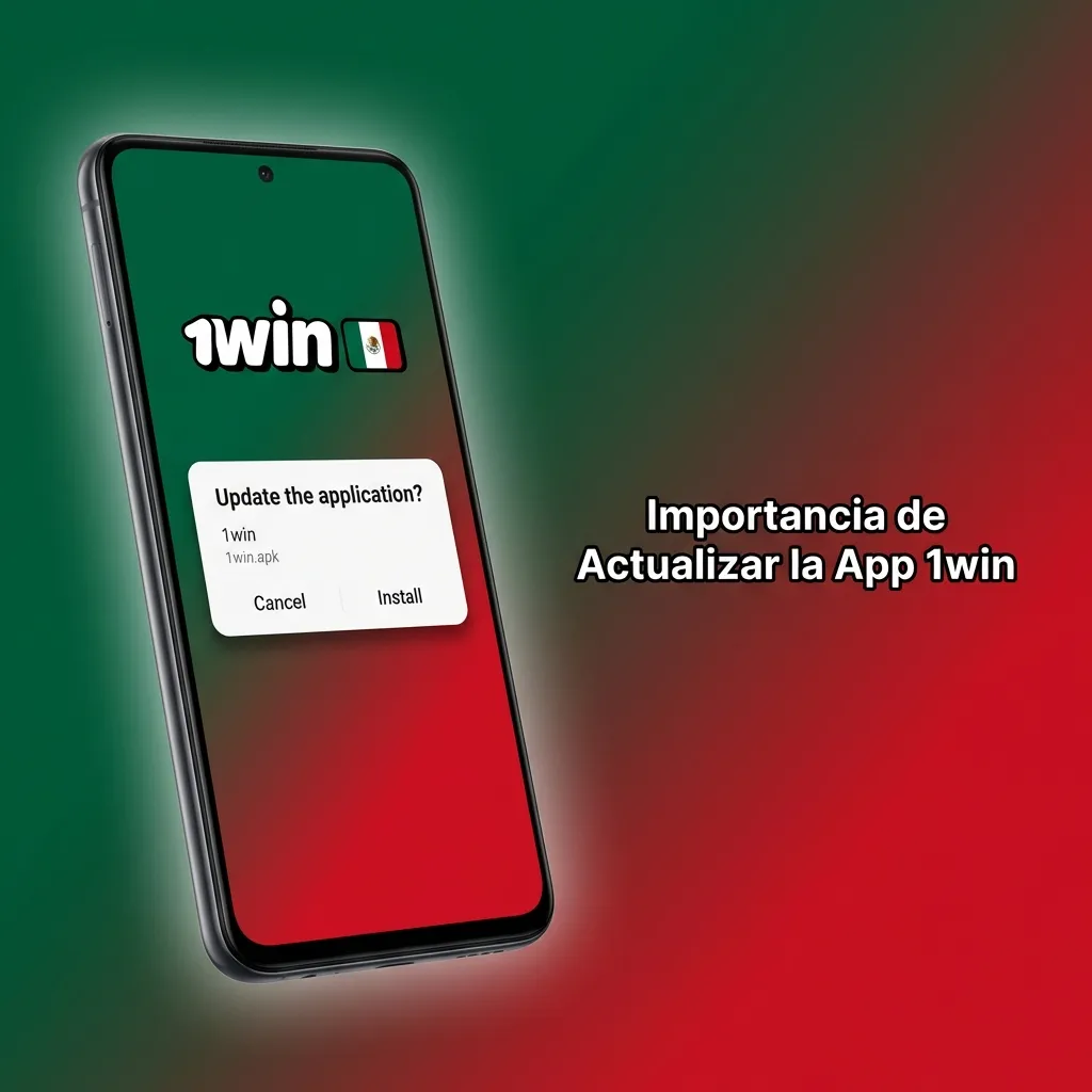 Smartphone mostrando la app 1win con notificación de actualización y símbolos de seguridad mejorada