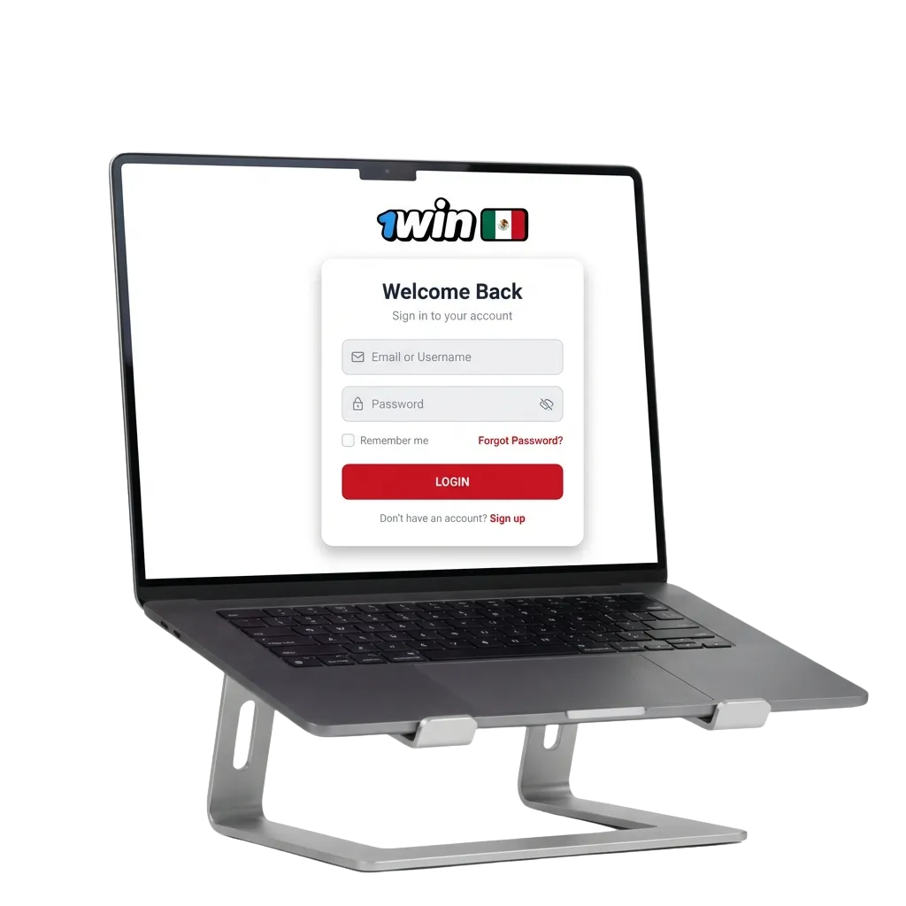 Pantalla de inicio de sesión de 1win en México con campos para correo o teléfono y acceso seguro a apuestas y casino