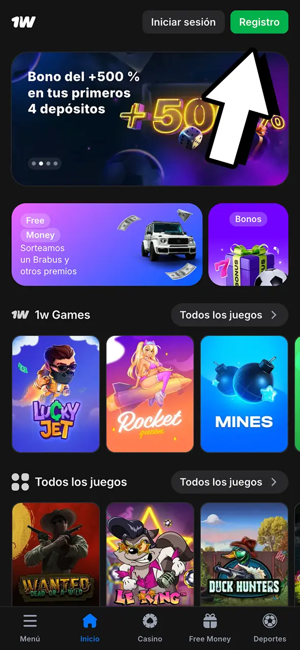 Haz clic en el botón de registro y crea tu cuenta en 1Win.