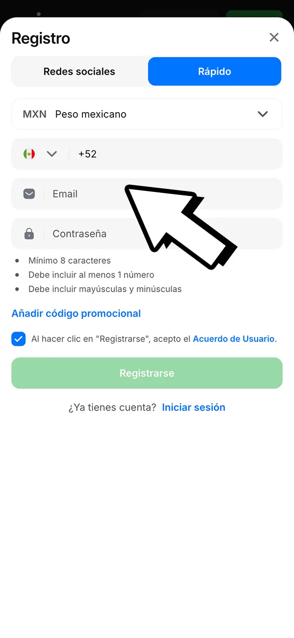 Completa los campos obligatorios y accede a todo el mundo de 1Win.